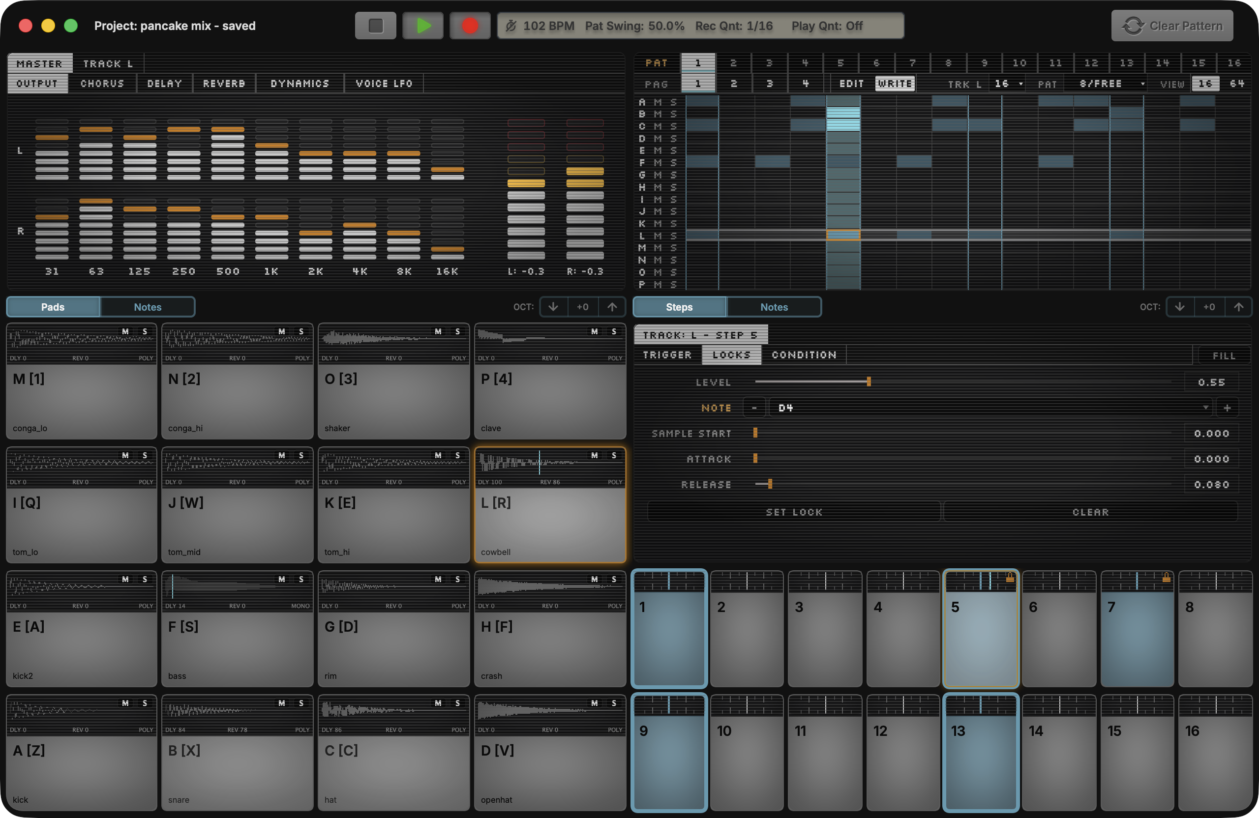 The Underscore window: sixteen sample pads with waveform thumbnails on the left, the pattern grid and step-lock editor on the right, and a master output meter across the top.